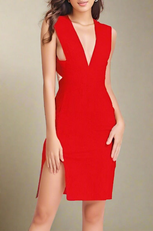 Woman wearing a figure flattering Pia Bandage Dress - Lipstick Red BODYCON COLLECTION