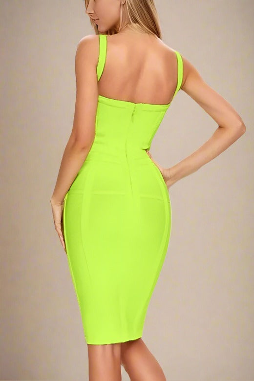 Woman wearing a figure flattering Pip Bandage Corset Dress - Neon Green Bodycon Collection