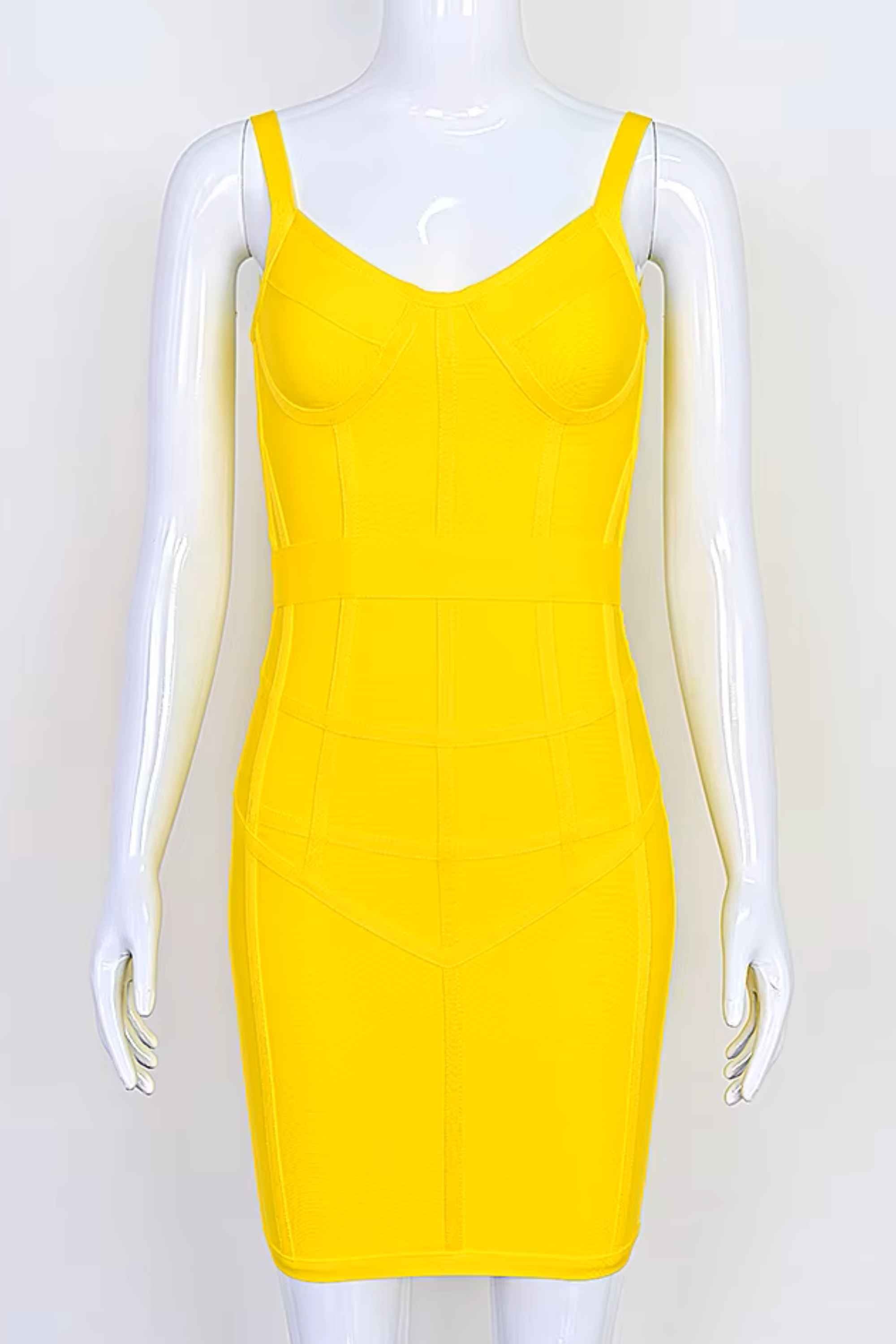 Woman wearing a figure flattering Pip Bandage Mini Dress - Sun Yellow BODYCON COLLECTION