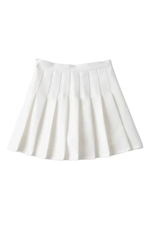 Woman wearing a figure flattering Pleated Mini Skirt - White Pearl BODYCON COLLECTION Pty Ltd