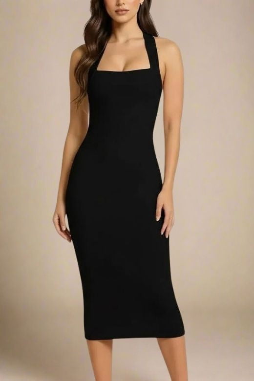 Woman wearing a figure flattering Raya Bodycon Midi Dress - Classic Black BODYCON COLLECTION Pty Ltd