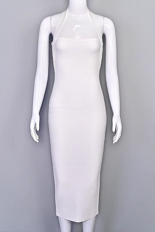 Woman wearing a figure flattering Raya Bodycon Midi Dress - White Pearl BODYCON COLLECTION Pty Ltd