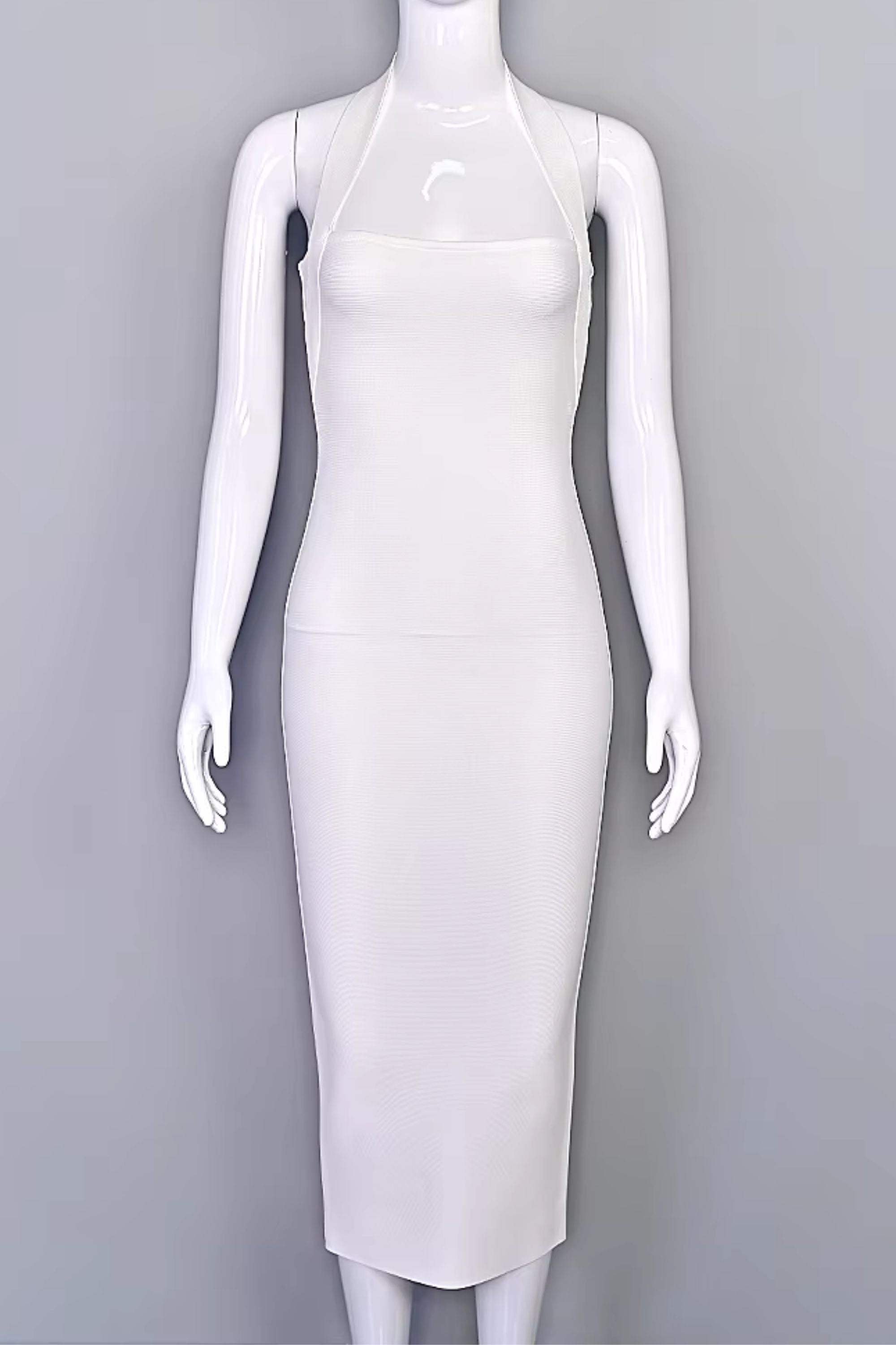 Woman wearing a figure flattering Raya Bodycon Midi Dress - White Pearl BODYCON COLLECTION Pty Ltd