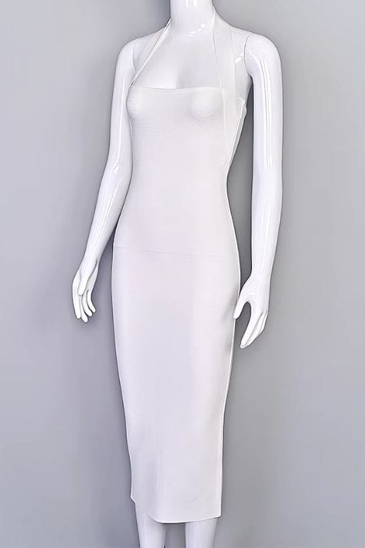 Woman wearing a figure flattering Raya Bodycon Midi Dress - White Pearl BODYCON COLLECTION Pty Ltd