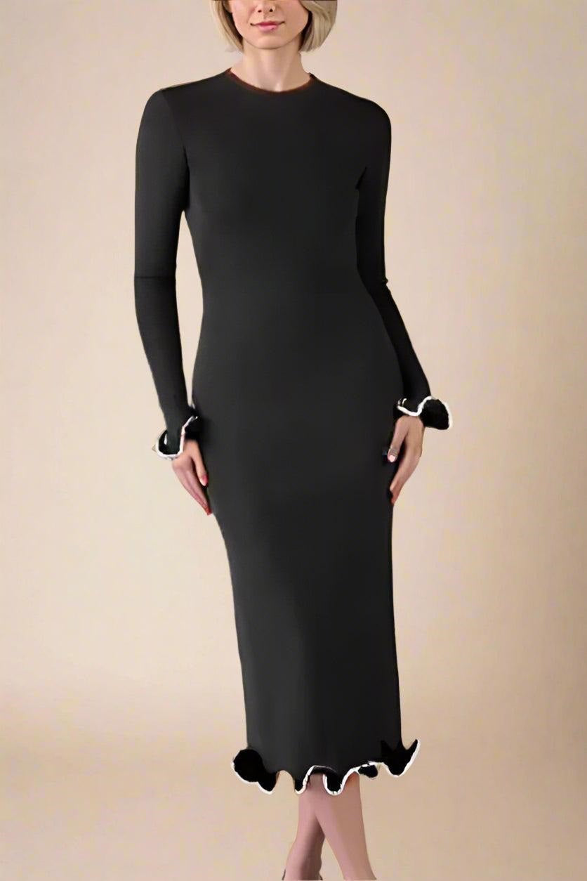 Woman wearing a figure flattering Regina Long Sleeve Bodycon Maxi Dress - Classic Black BODYCON COLLECTION