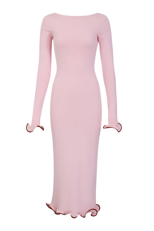 Woman wearing a figure flattering Regina Long Sleeve Bodycon Maxi Dress - Dusty Pink BODYCON COLLECTION