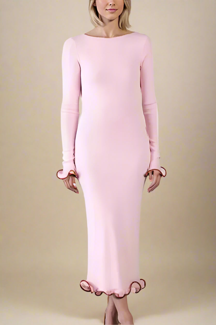 Woman wearing a figure flattering Regina Long Sleeve Bodycon Maxi Dress - Dusty Pink BODYCON COLLECTION