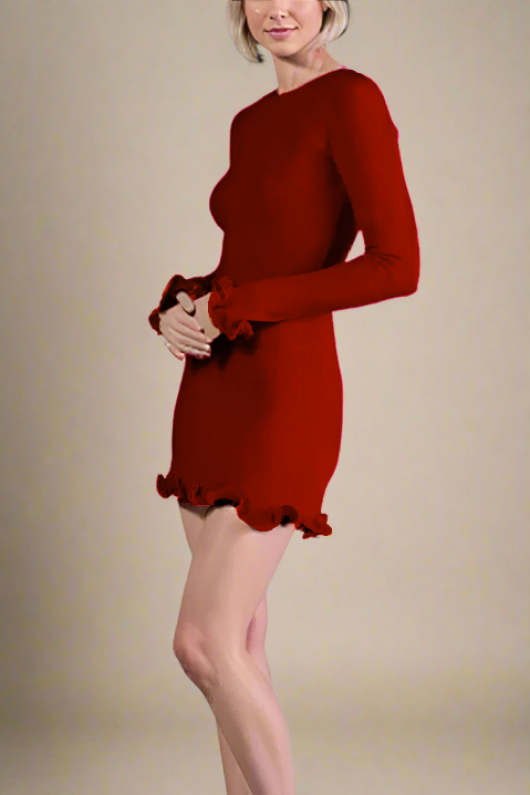 Woman wearing a figure flattering Regina Long Sleeve Bodycon Mini Dress - Lipstick Red BODYCON COLLECTION