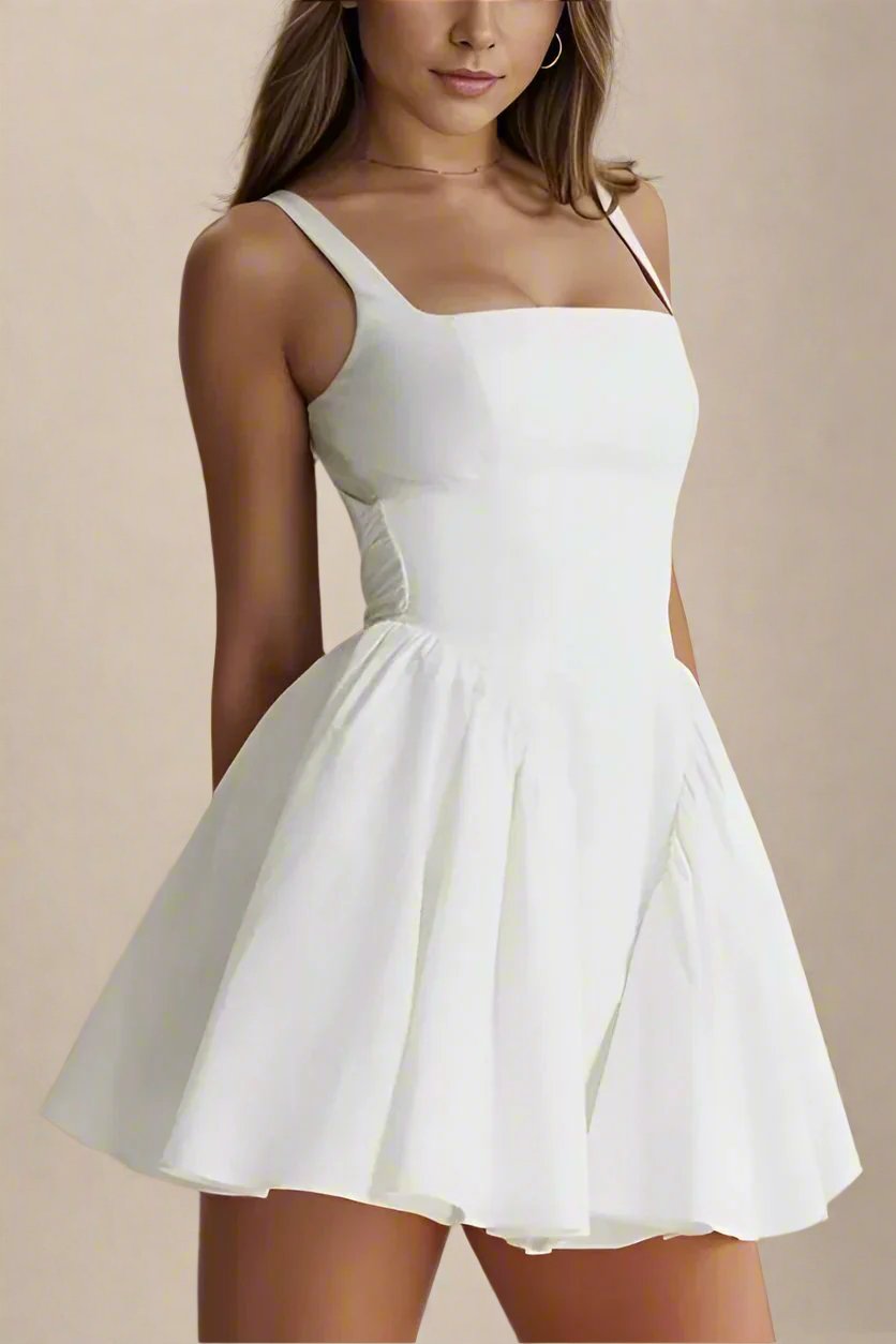 Woman wearing a figure flattering Rian Bodycon Mini Dress - Pearl White BODYCON COLLECTION