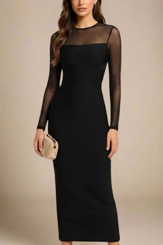 Woman wearing a figure flattering Robin Long Sleeve Bandage Maxi Dress - Classic Black BODYCON COLLECTION Pty Ltd