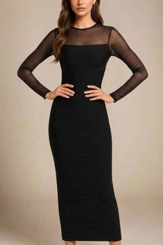 Woman wearing a figure flattering Robin Long Sleeve Bandage Maxi Dress - Classic Black BODYCON COLLECTION Pty Ltd