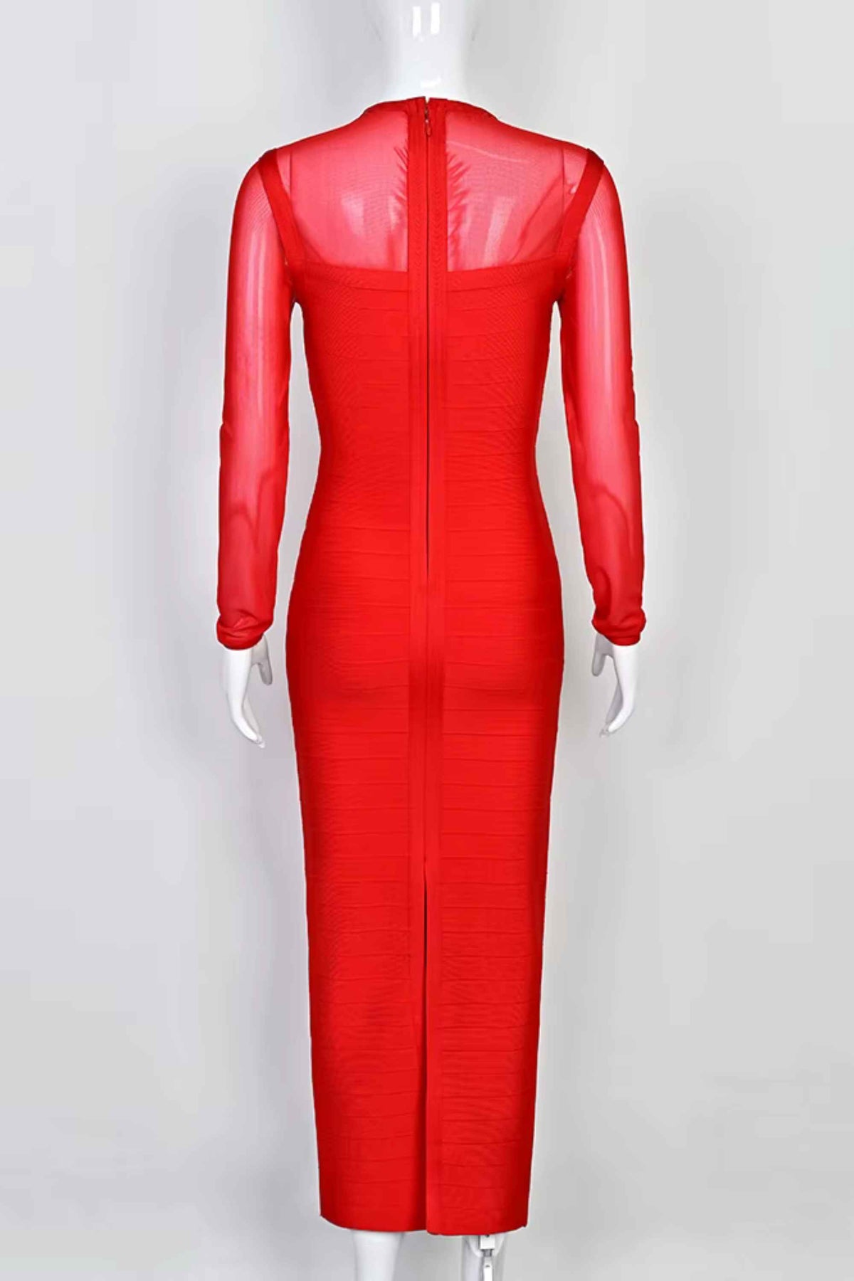 Woman wearing a figure flattering Robin Long Sleeve Bandage Maxi Dress - Lipstick Red BODYCON COLLECTION Pty Ltd