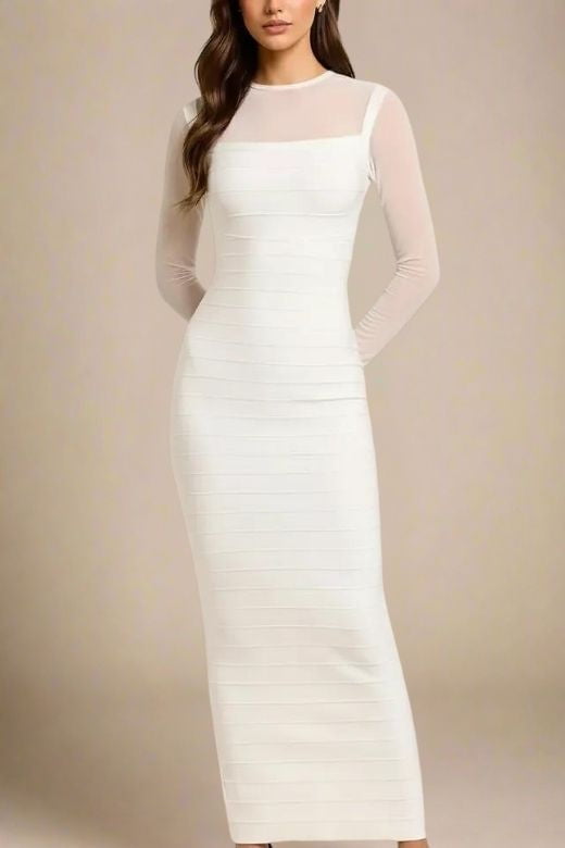 Woman wearing a figure flattering Robin Long Sleeve Bandage Maxi Dress - White Pearl BODYCON COLLECTION Pty Ltd