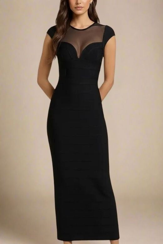 Woman wearing a figure flattering Rory Bandage Maxi Dress - Classic Black BODYCON COLLECTION Pty Ltd