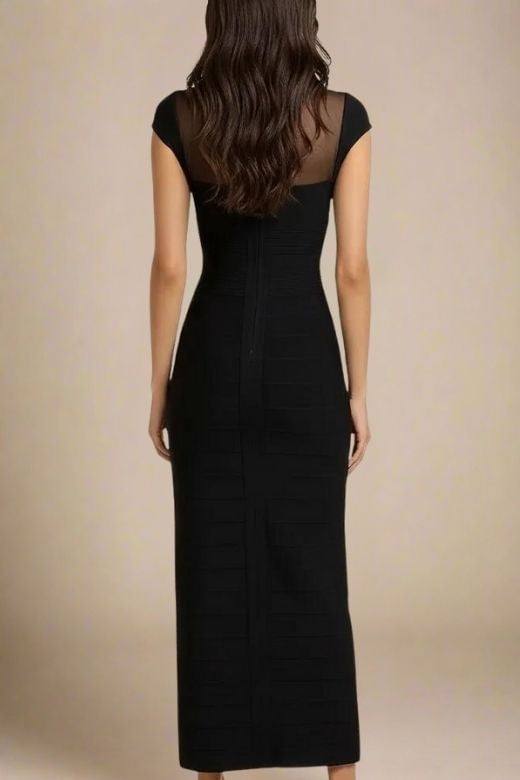 Woman wearing a figure flattering Rory Bandage Maxi Dress - Classic Black BODYCON COLLECTION Pty Ltd
