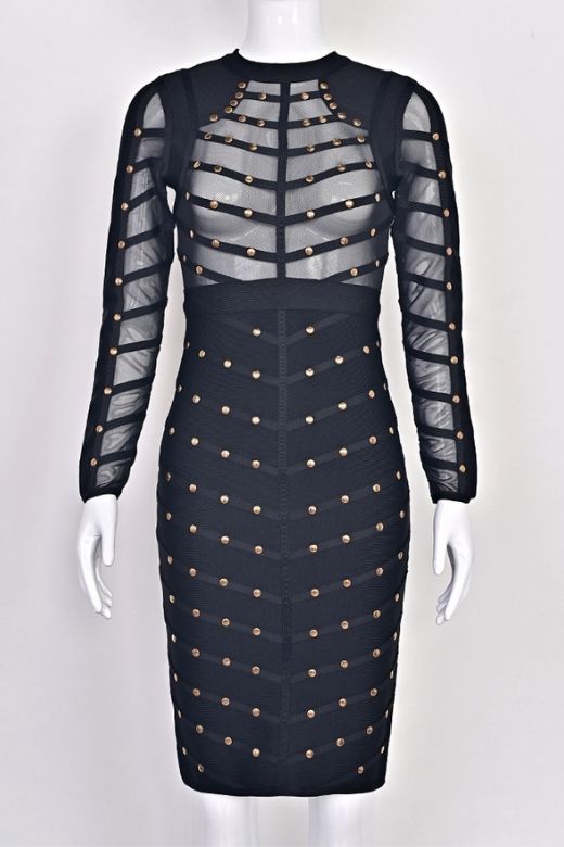 Woman wearing a figure flattering Rosa Long Sleeve Bodycon Dress - Classic Black BODYCON COLLECTION
