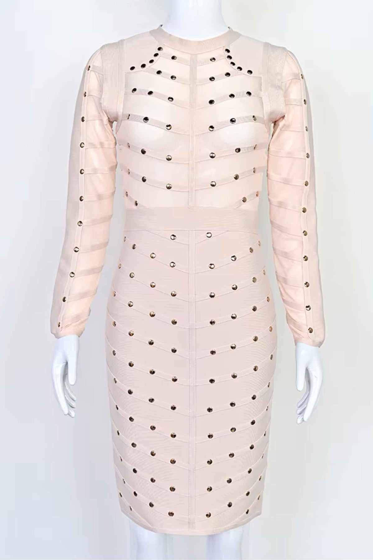 Woman wearing a figure flattering Rosa Long Sleeve Bodycon Dress - Cream BODYCON COLLECTION
