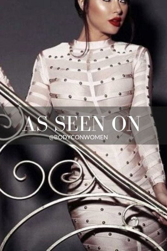 Woman wearing a figure flattering Rosa Long Sleeve Bodycon Dress - Cream BODYCON COLLECTION