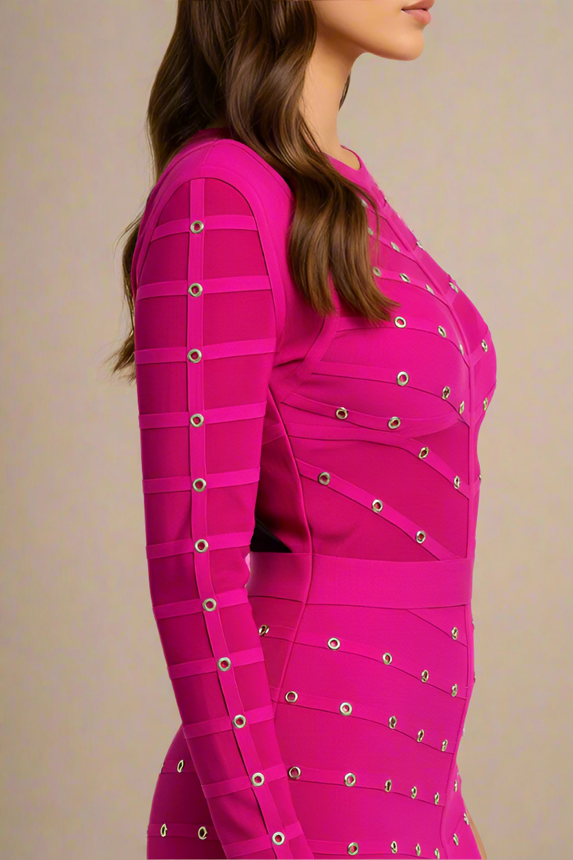 Woman wearing a figure flattering Rosa Long Sleeve Bodycon Dress - Neon Purple BODYCON COLLECTION