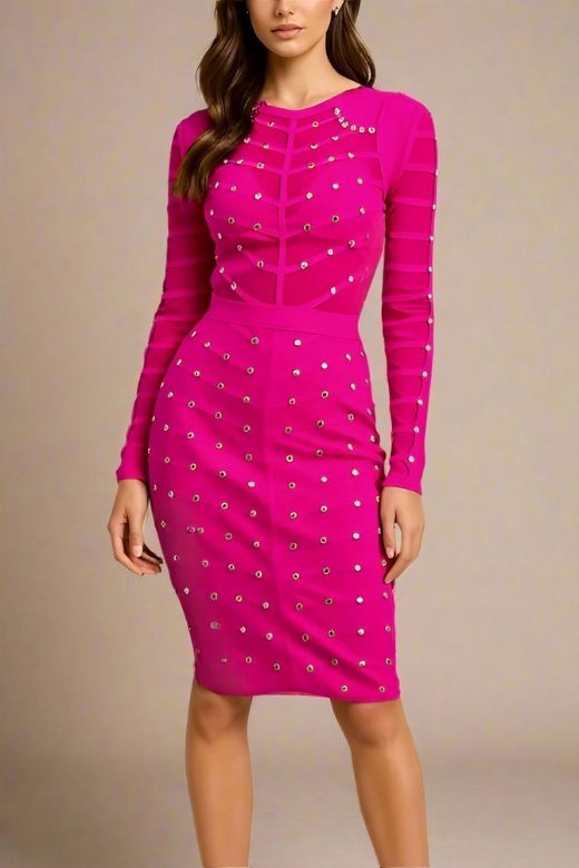 Woman wearing a figure flattering Rosa Long Sleeve Bodycon Dress - Neon Purple BODYCON COLLECTION