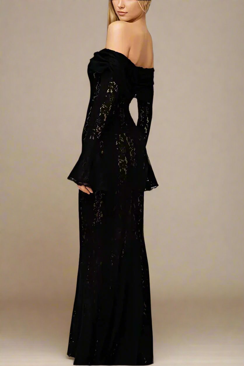 Woman wearing a figure flattering Rose Long Sleeve Bodycon Maxi Dress - Classic Black BODYCON COLLECTION