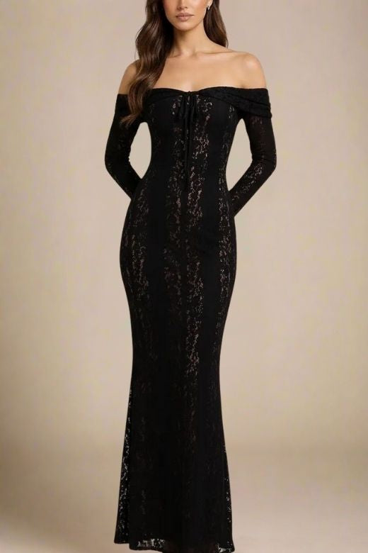 Woman wearing a figure flattering Rose Long Sleeve Bodycon Maxi Dress - Classic Black BODYCON COLLECTION