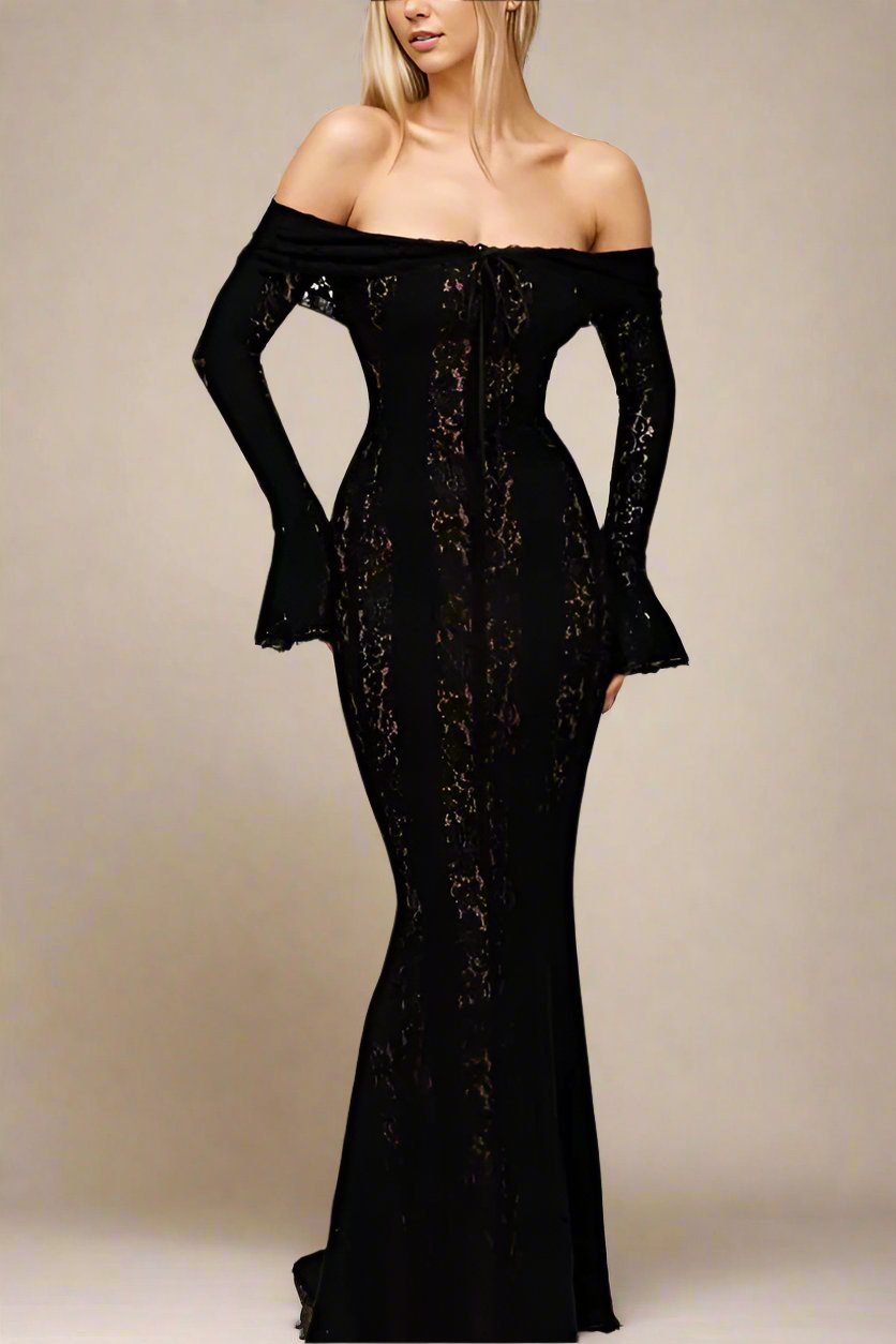 Woman wearing a figure flattering Rose Long Sleeve Bodycon Maxi Dress - Classic Black BODYCON COLLECTION