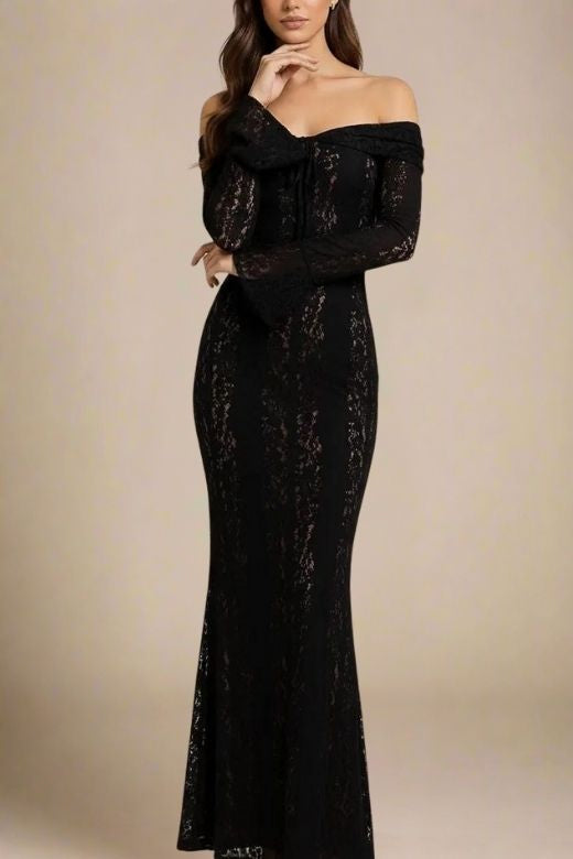 Woman wearing a figure flattering Rose Long Sleeve Bodycon Maxi Dress - Classic Black BODYCON COLLECTION