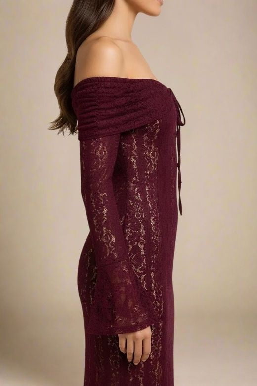 Woman wearing a figure flattering Rose Long Sleeve Bodycon Maxi Dress - Sangria Purple BODYCON COLLECTION