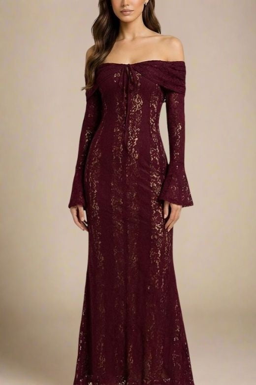 Woman wearing a figure flattering Rose Long Sleeve Bodycon Maxi Dress - Sangria Purple BODYCON COLLECTION