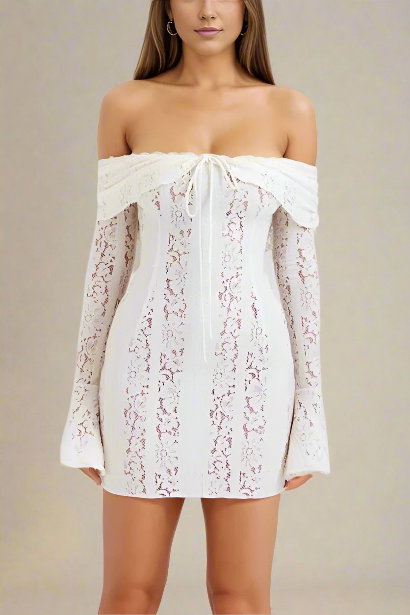 Woman wearing a figure flattering Rose Long Sleeve Bodycon Mini Dress - Pearl White BODYCON COLLECTION