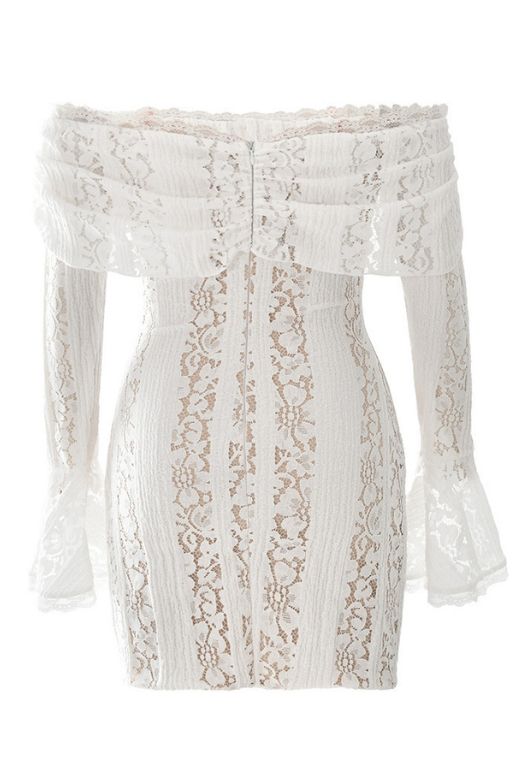 Woman wearing a figure flattering Rose Long Sleeve Bodycon Mini Dress - Pearl White BODYCON COLLECTION