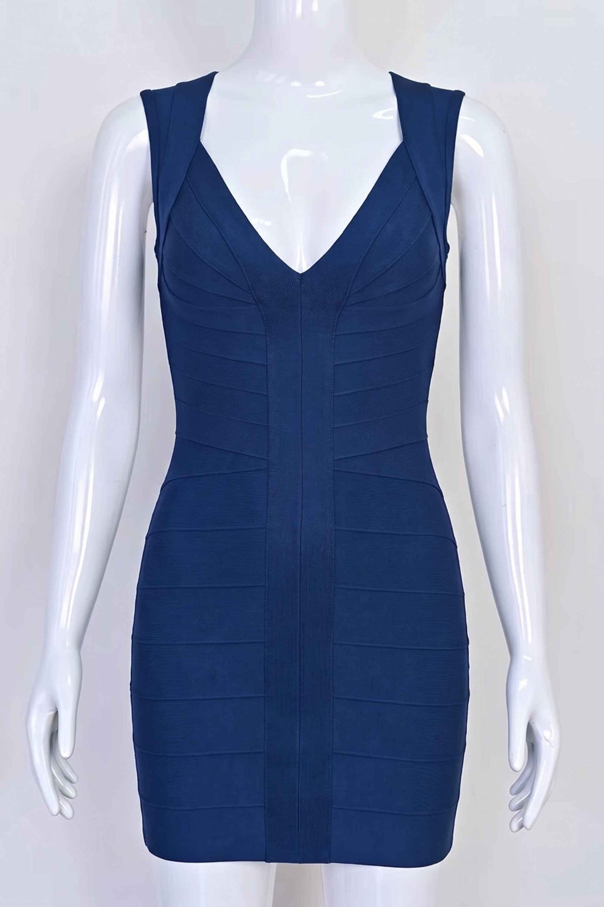 Woman wearing a figure flattering Sabrina Bandage Mini Dress - Navy Blue BODYCON COLLECTION Pty Ltd