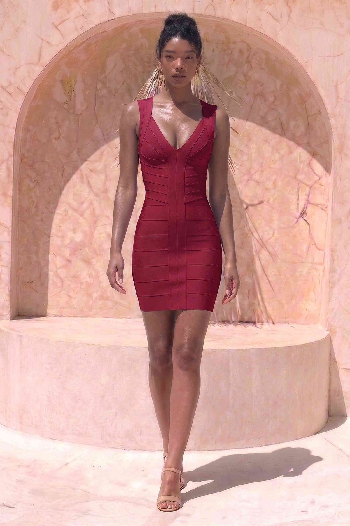 Woman wearing a figure flattering Sabrina Bandage Mini Dress - Red Wine BODYCON COLLECTION Pty Ltd