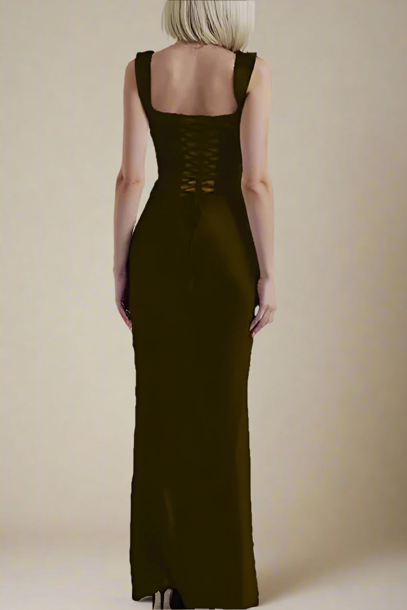 Woman wearing a figure flattering Sabrina Wrap Top and Maxi Skirt Outfit Set - Chocolate Brown BODYCON COLLECTION