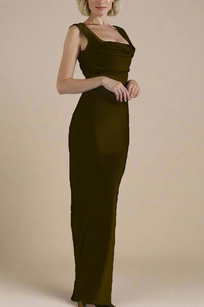 Woman wearing a figure flattering Sabrina Wrap Top and Maxi Skirt Outfit Set - Chocolate Brown BODYCON COLLECTION