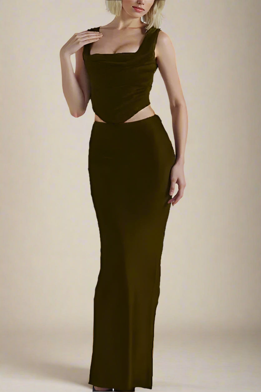 Woman wearing a figure flattering Sabrina Wrap Top and Maxi Skirt Outfit Set - Chocolate Brown BODYCON COLLECTION