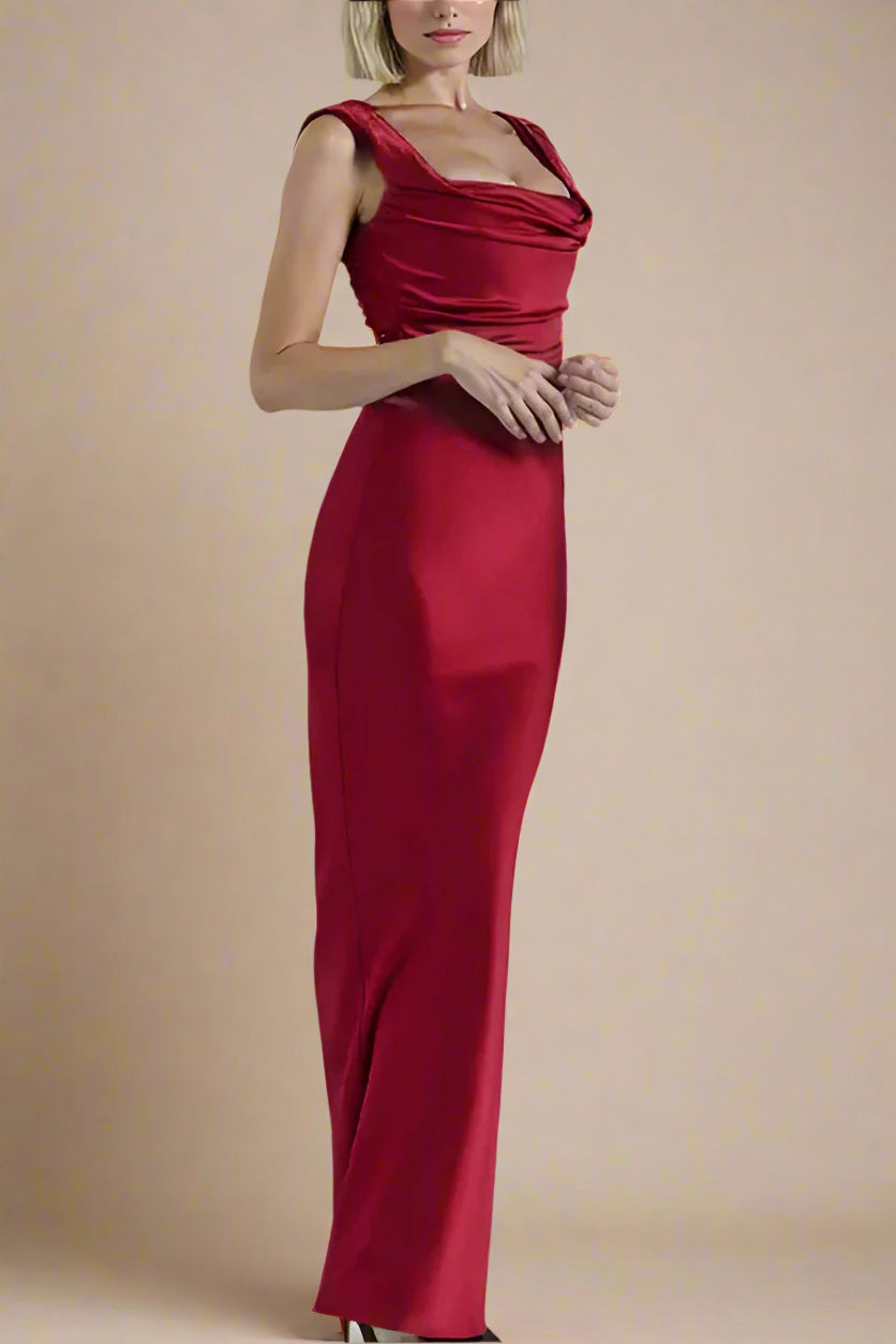Woman wearing a figure flattering Sabrina Wrap Top and Maxi Skirt Outfit Set - Lipstick Red BODYCON COLLECTION