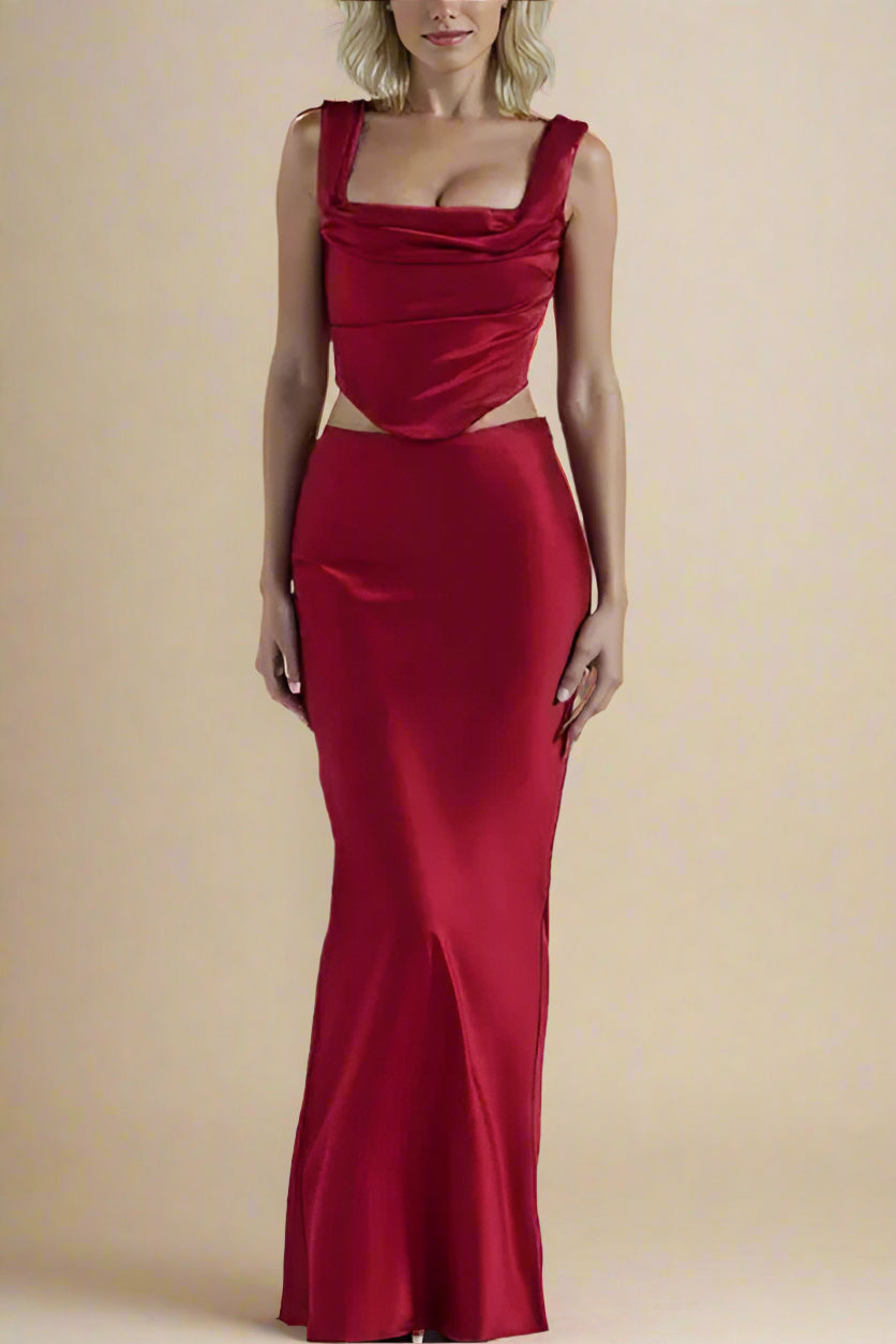 Woman wearing a figure flattering Sabrina Wrap Top and Maxi Skirt Outfit Set - Lipstick Red BODYCON COLLECTION