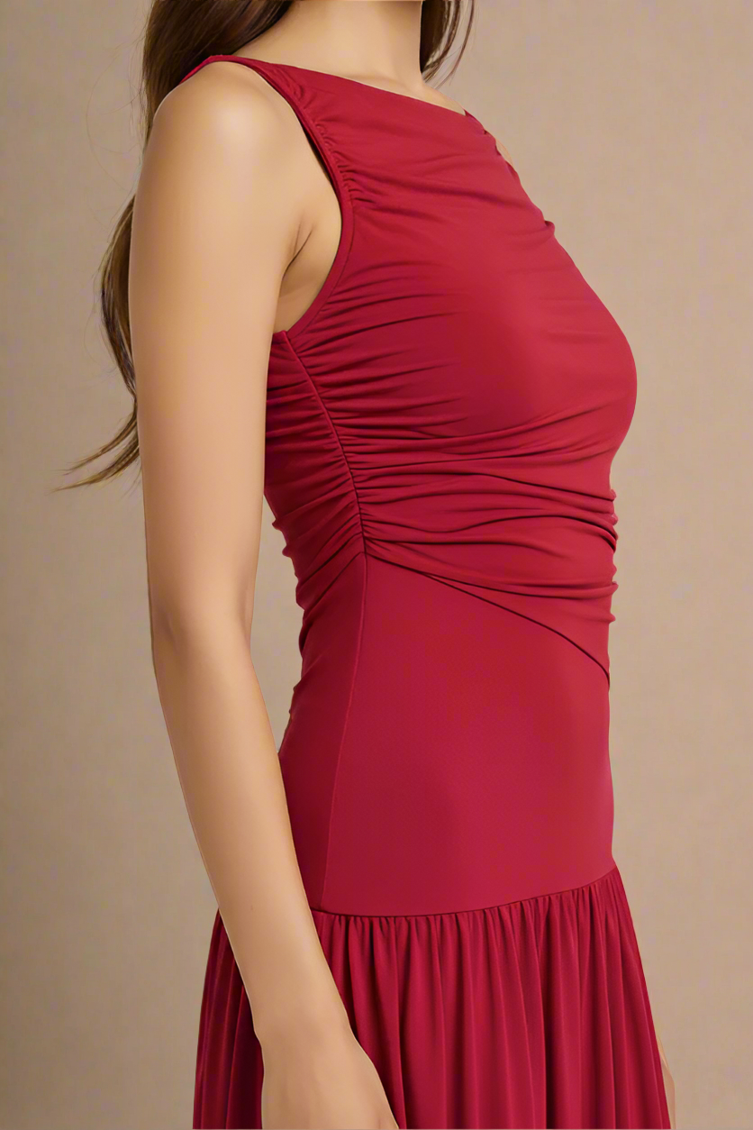 Woman wearing a figure flattering Saint Bodycon Wrap Maxi Dress - Chilli Red BODYCON COLLECTION Pty Ltd