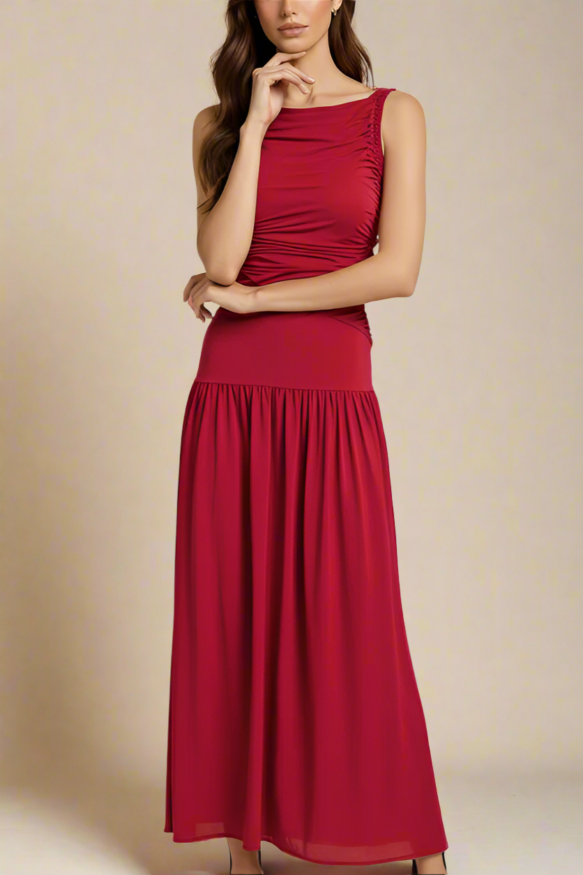 Woman wearing a figure flattering Saint Bodycon Wrap Maxi Dress - Chilli Red BODYCON COLLECTION Pty Ltd