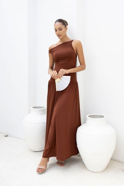 Woman wearing a figure flattering Saint Bodycon Wrap Maxi Dress - Chocolate Brown BODYCON COLLECTION Pty Ltd