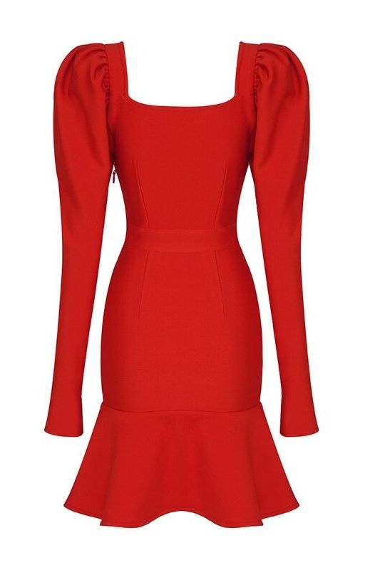 Woman wearing a figure flattering Sara Bodycon Long Sleeve Mini Dress - Lipstick Red BODYCON COLLECTION