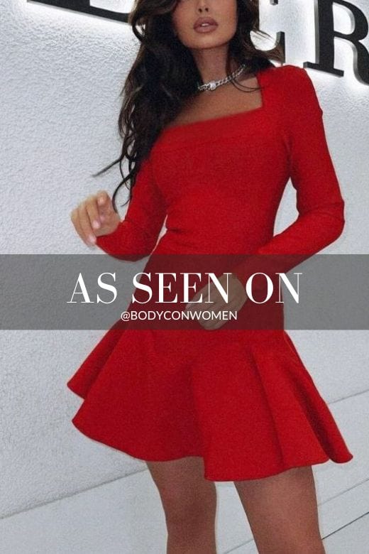 Woman wearing a figure flattering Sara Bodycon Long Sleeve Mini Dress - Lipstick Red BODYCON COLLECTION