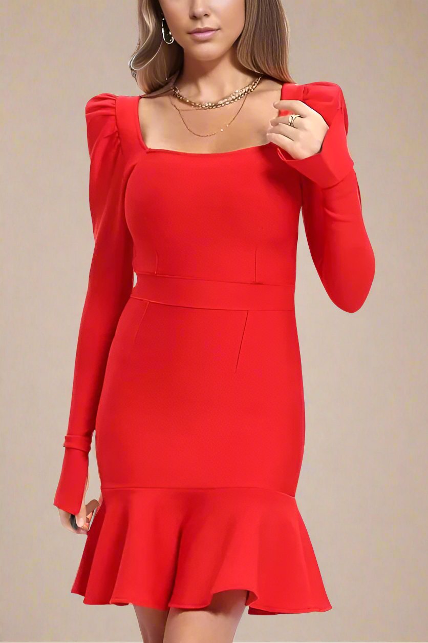 Woman wearing a figure flattering Sara Bodycon Long Sleeve Mini Dress - Lipstick Red BODYCON COLLECTION