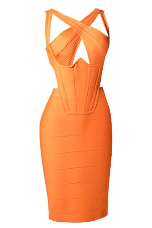Woman wearing a figure flattering Sasha Bandage Midi Dress - Apricot Orange BODYCON COLLECTION