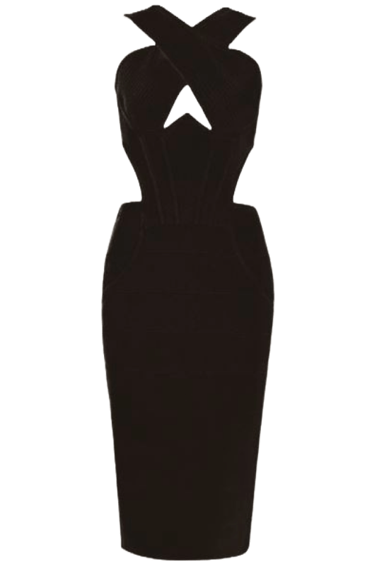 Woman wearing a figure flattering Sasha Bandage Midi Dress - Classic Black BODYCON COLLECTION
