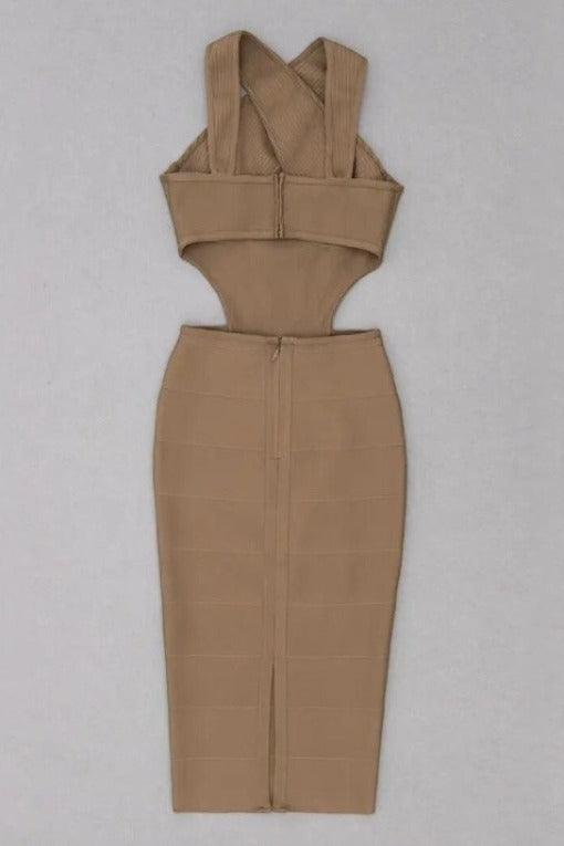 Woman wearing a figure flattering Sasha Bandage Midi Dress - Classic Black BODYCON COLLECTION