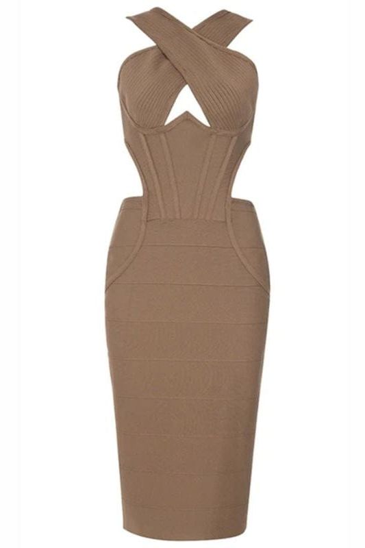 Woman wearing a figure flattering Sasha Bandage Midi Dress - Tan BODYCON COLLECTION