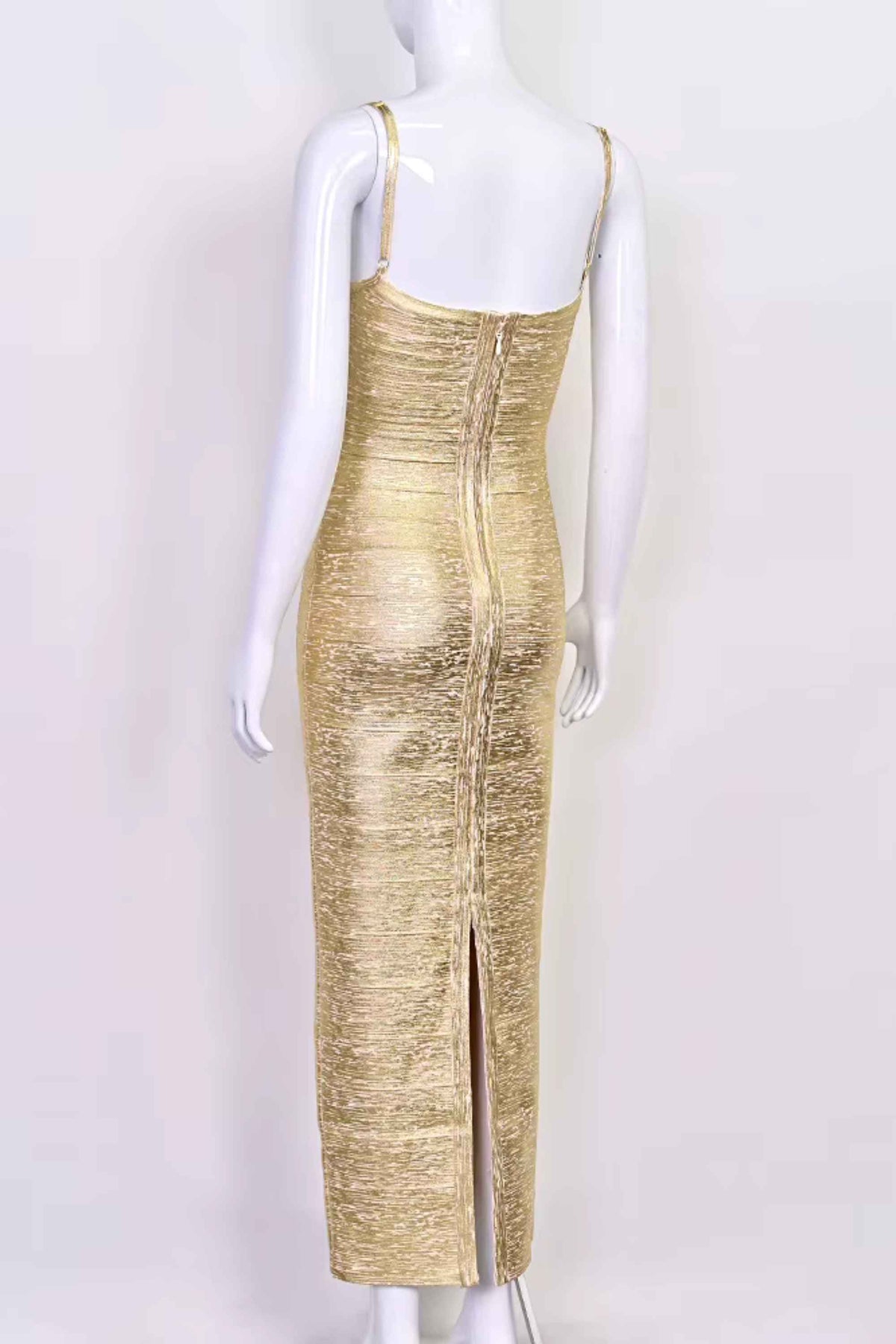 Woman wearing a figure flattering Scarlett Bandage Maxi Dress - Gold BODYCON COLLECTION Pty Ltd